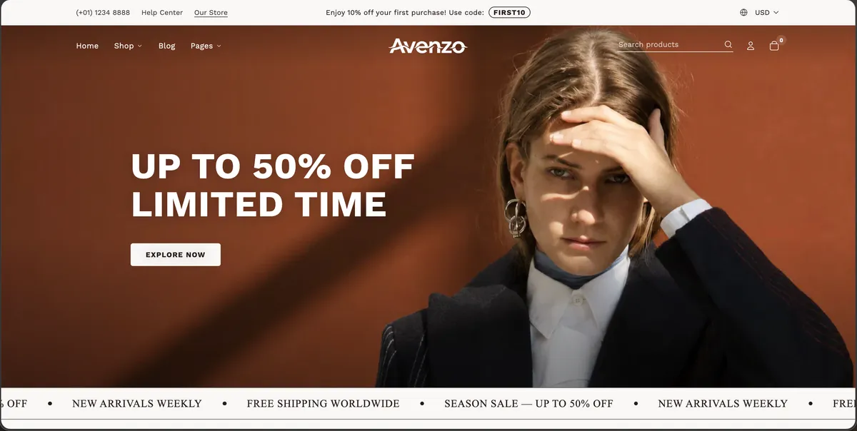 Avenzo storefront home page
